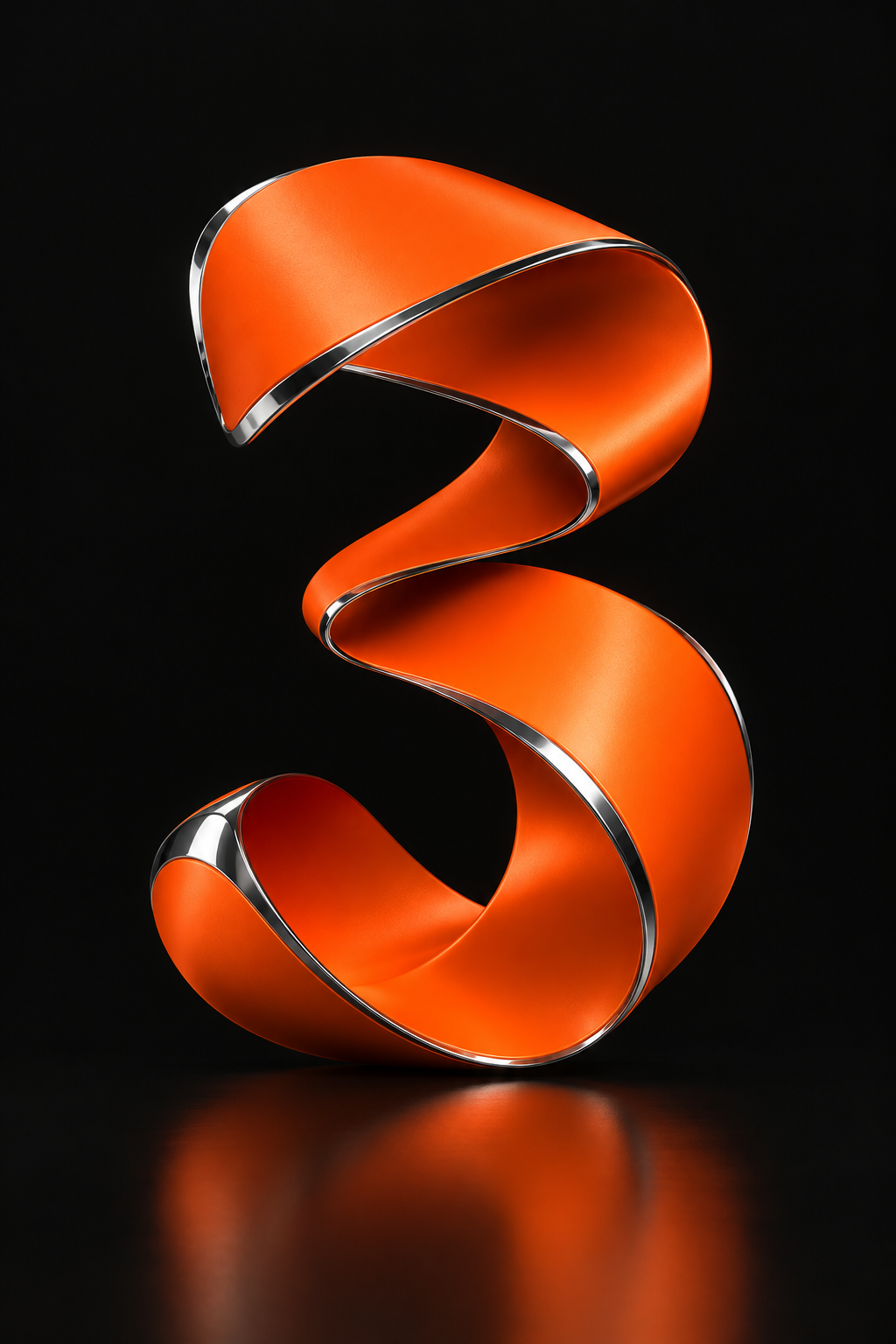 Sculptural orange ribbon with chrome edges forming the number three